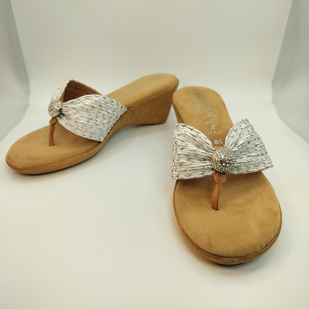 Italian Shoemakers‎ Silver Thong Wedges Womens Size 8.5 Bedazzled Cushion Sole